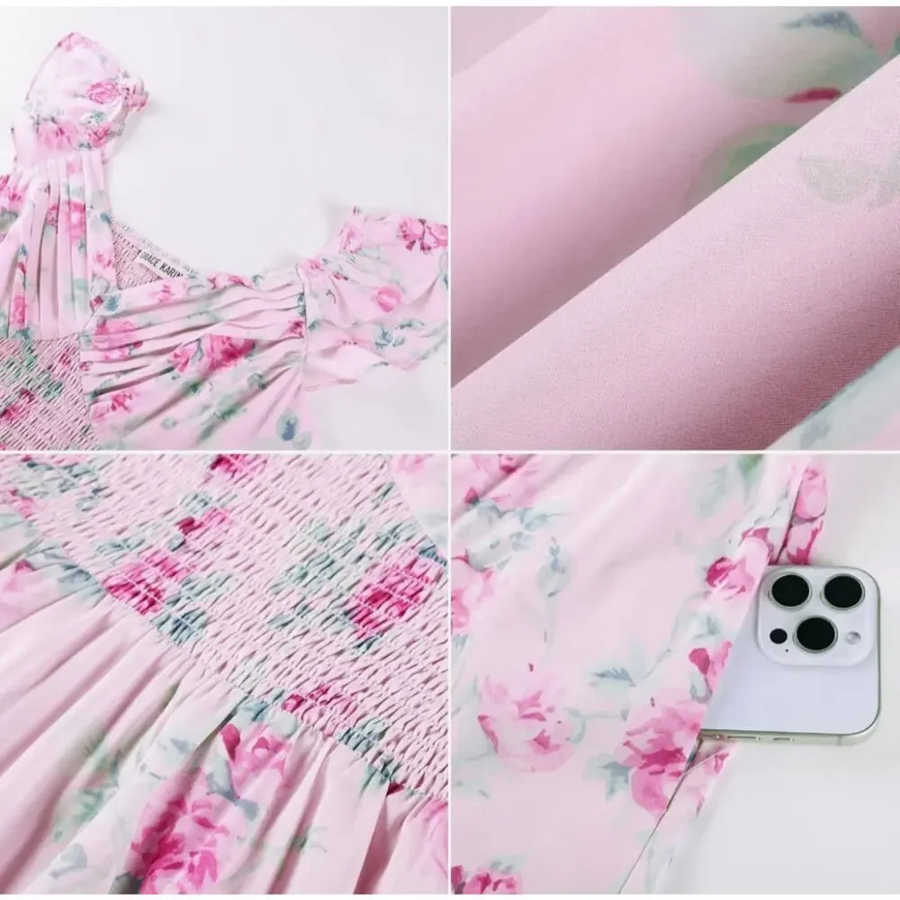 #283 MSRP $53 NWT GRACE KARIN LIGHT PINK FLORAL SMOCKED TIERED MAXI ♡SIZE XL♡